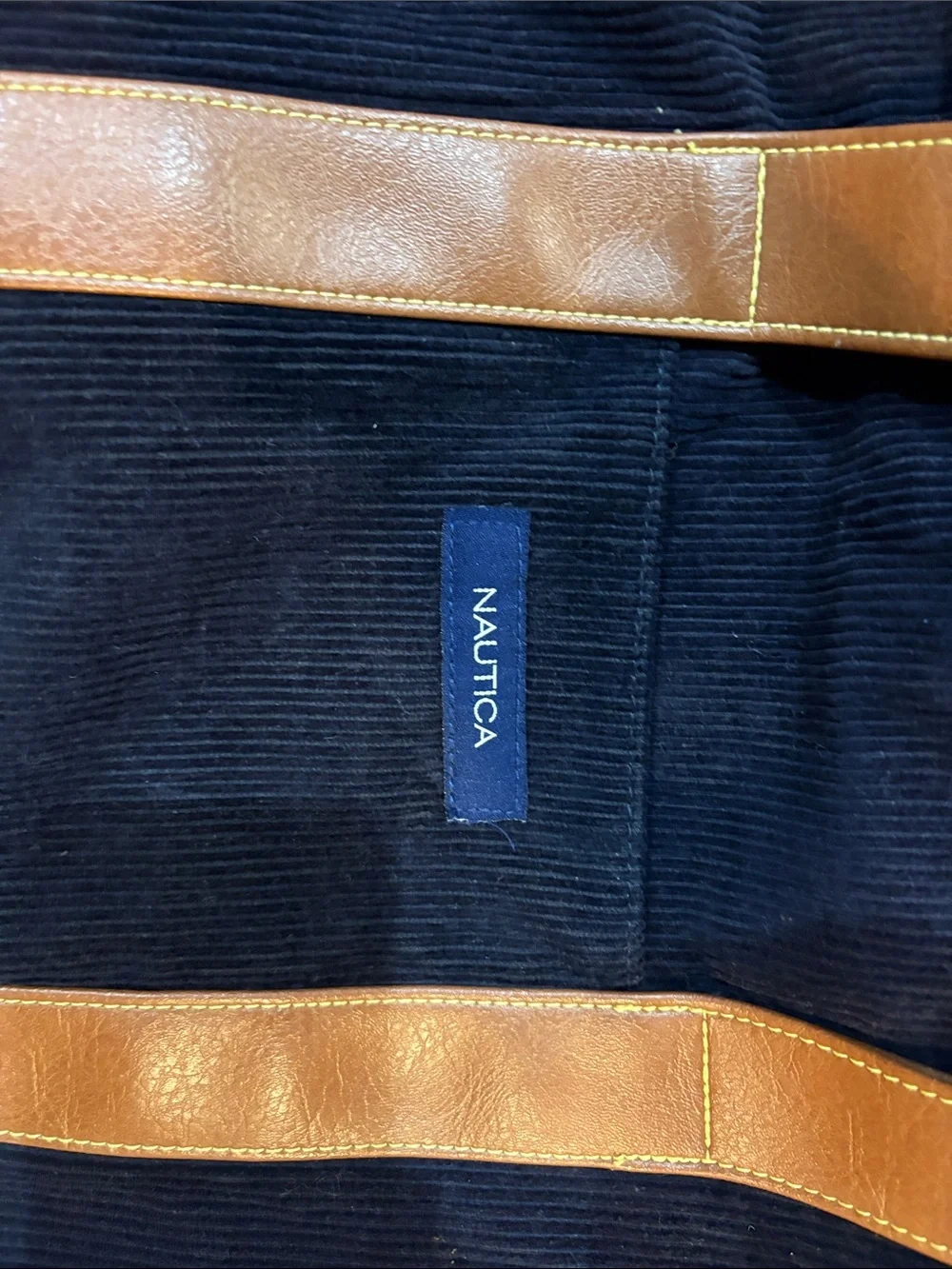 Nautica Navy Corduroy Duffel with Brown Trim and Strap